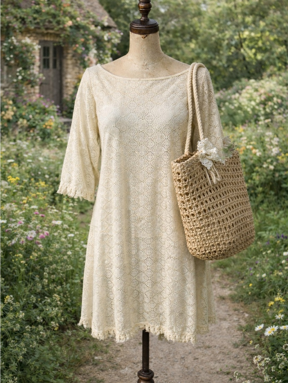 Delfina Elegant Off White / Cream Lace Swim Cover Up Fringe Dress
